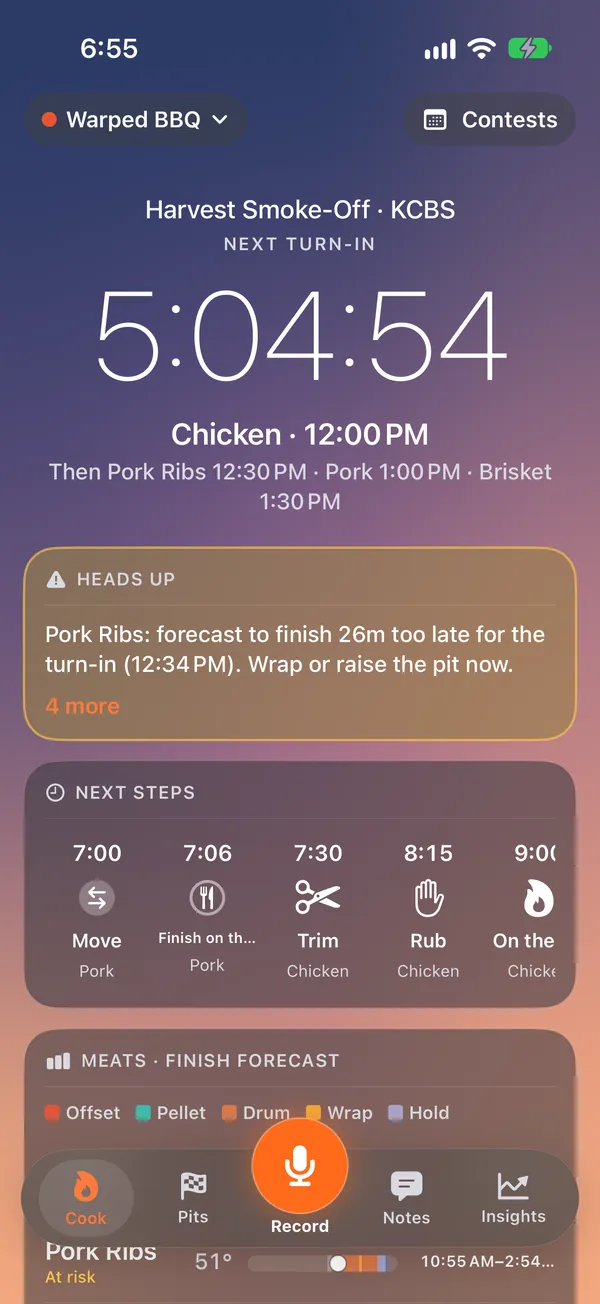 Cook Day at sunrise: a countdown of 5:04:54 to the chicken turn-in at 12:00 PM, a heads-up that the pork ribs will finish 26 minutes late, and the next steps