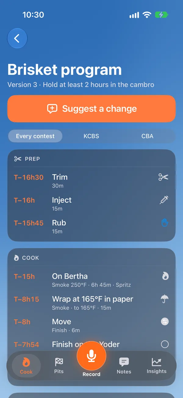 A brisket program, version 3: prep and cook steps timed from the turn-in, with Suggest a change